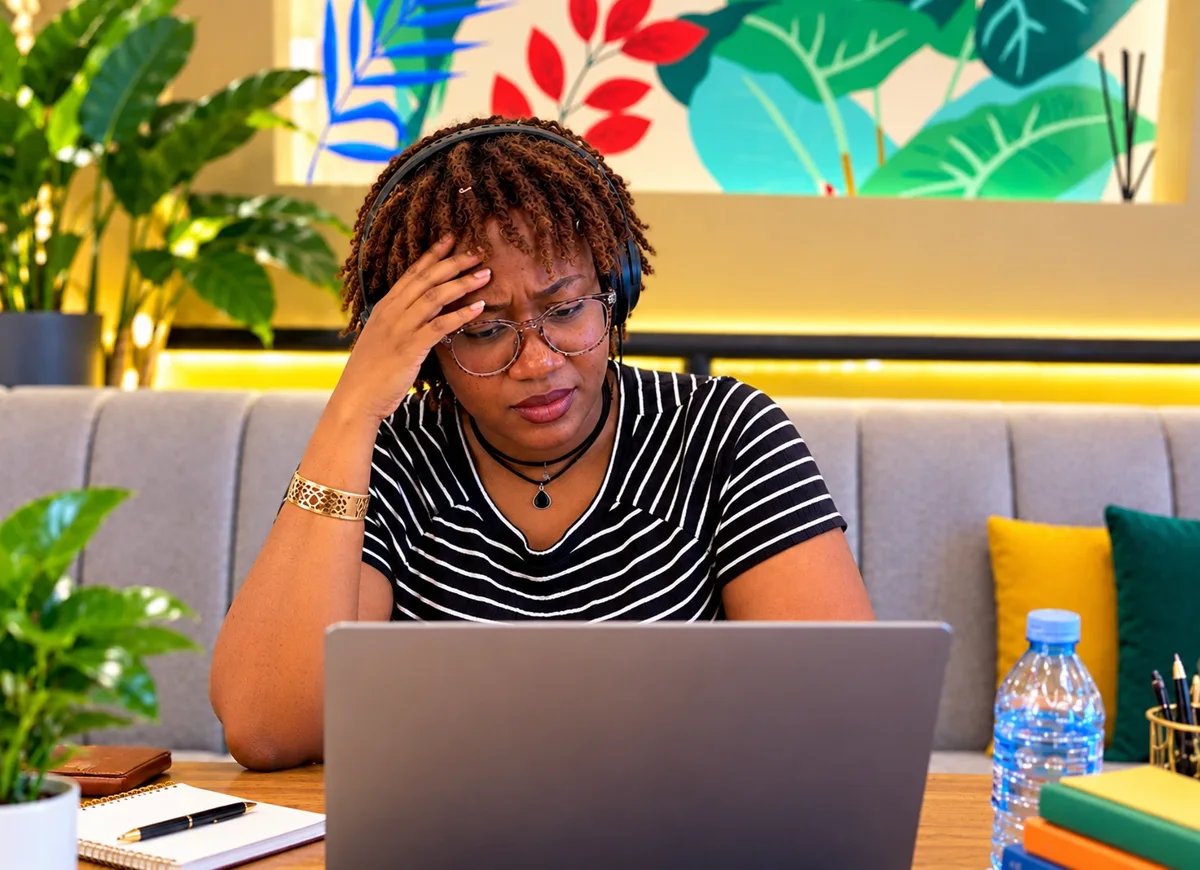 A student frustrated, stuck working alone at her laptop
